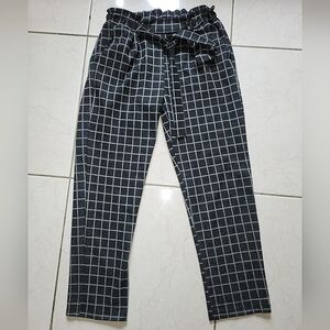 Black and White Checkered Office Or Party Pantsuit with Geometric Grid Design L